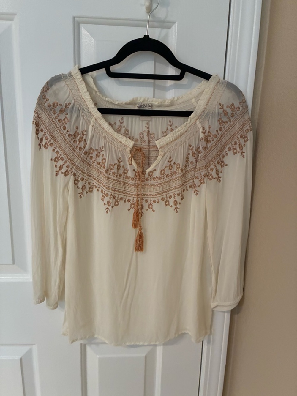 Lucky Brand Cream Peasant Blouse with Tan Embroidery